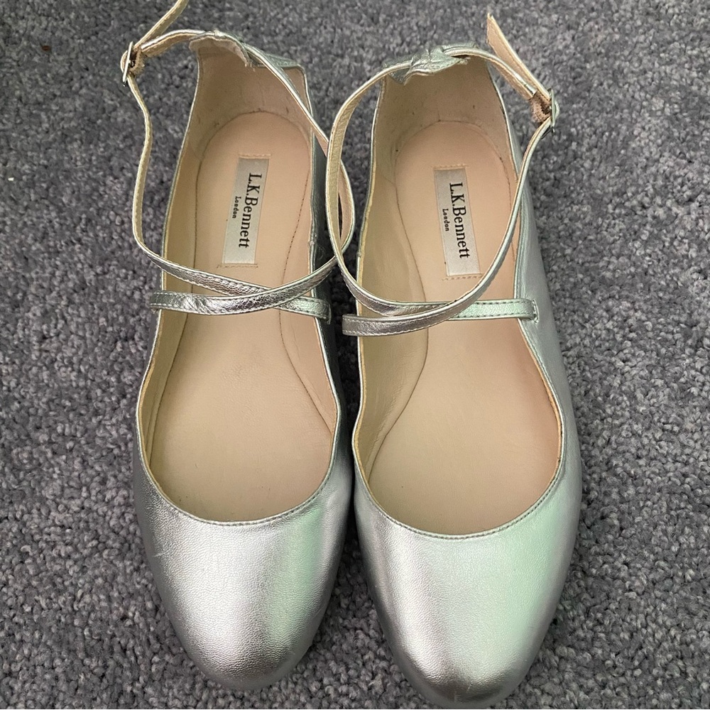 LK Bennett Silver Ankle-Strap Ballet Flats